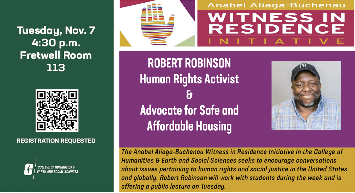 Flyer about the new witness in residence, Robert Robinson, a human rights activist and advocate for safe and affordable housing.